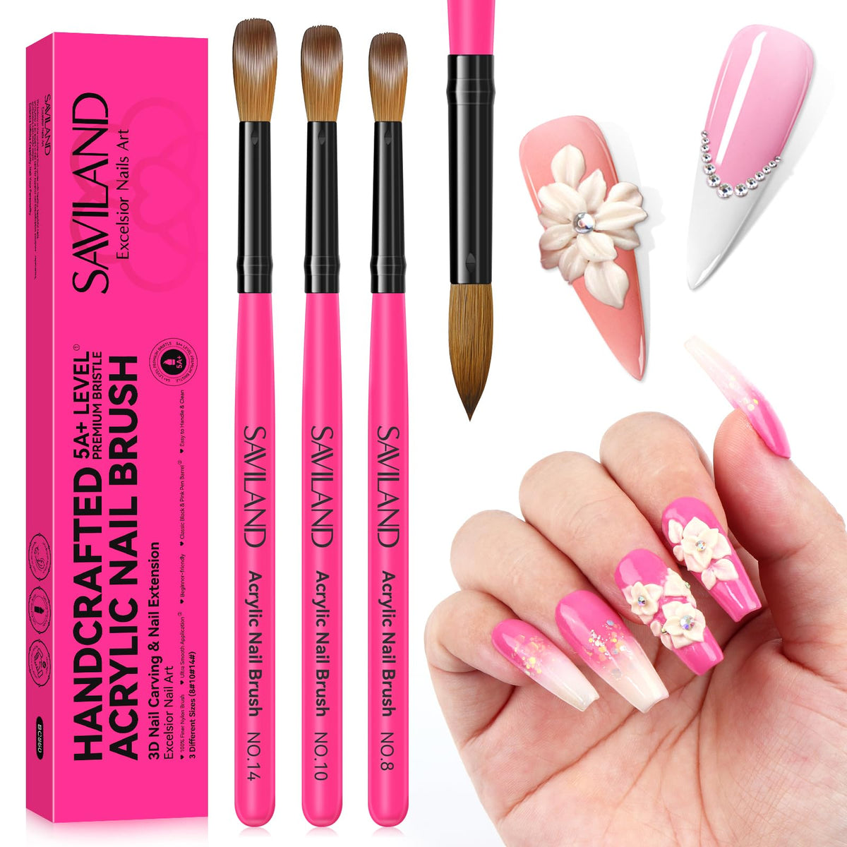 SAVILAND front view of three brushes showing sizes and pink-black design for professional appeal