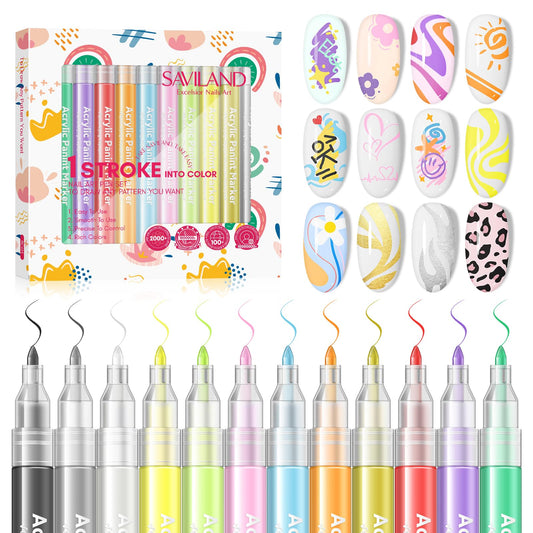 SAVILAND front packaging showing 12 vibrant nail art pens for precise designs