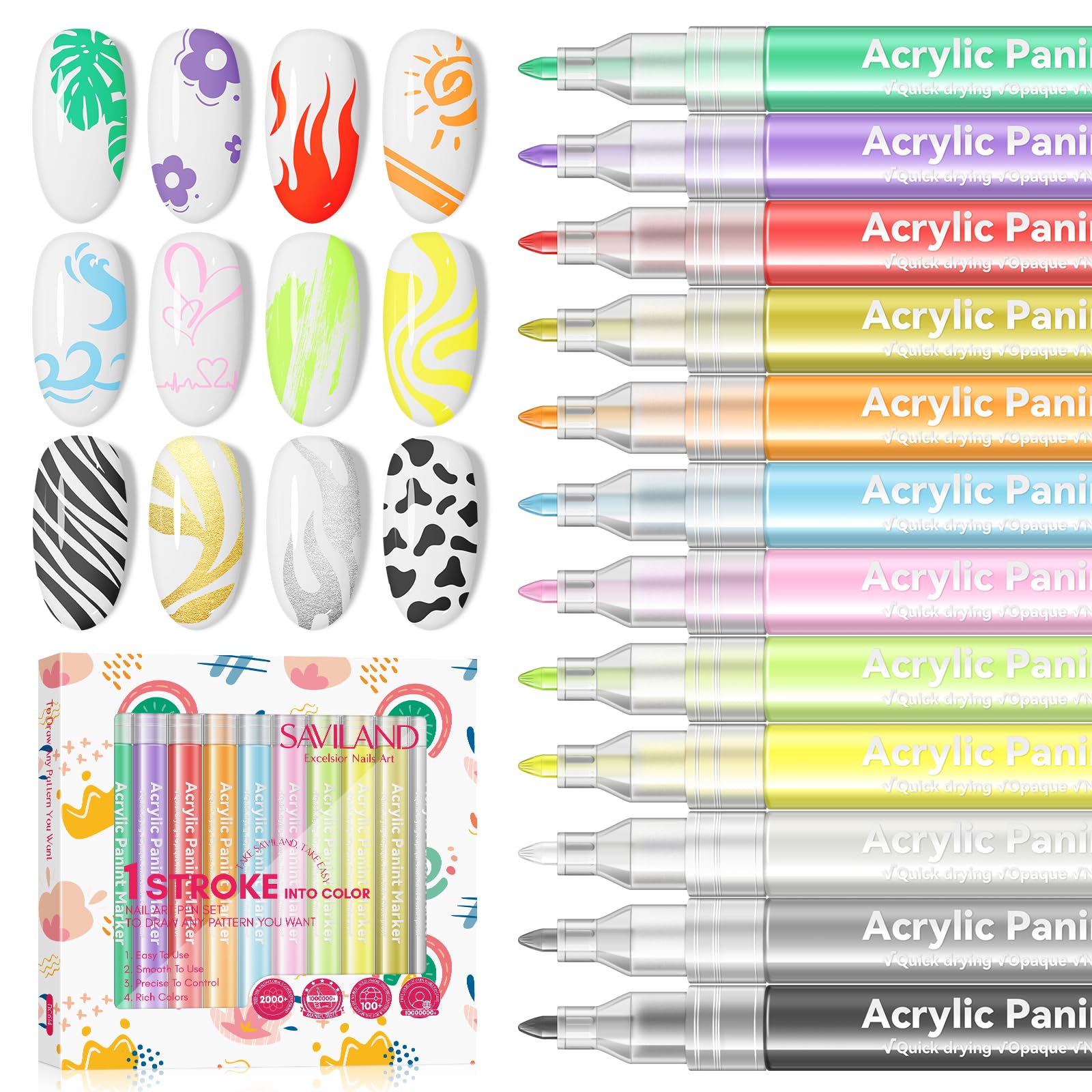 SAVILAND front packaging showing 12 vibrant nail art pens and compact case for travel