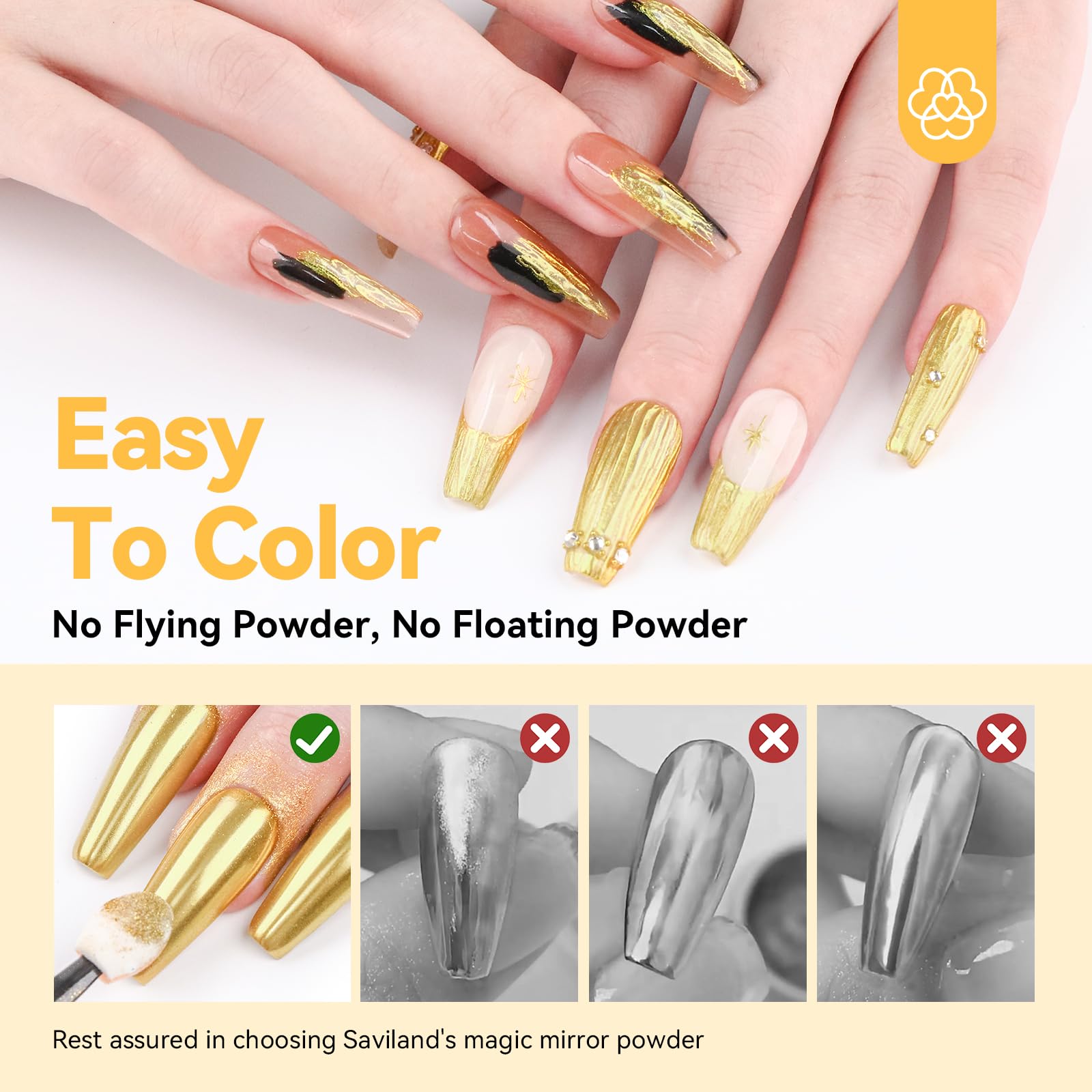 SAVILAND finished manicure lifestyle shot showing salon-quality gold chrome look
