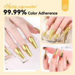 SAVILAND gold chrome applied on gel nail displaying mirror shine benefit