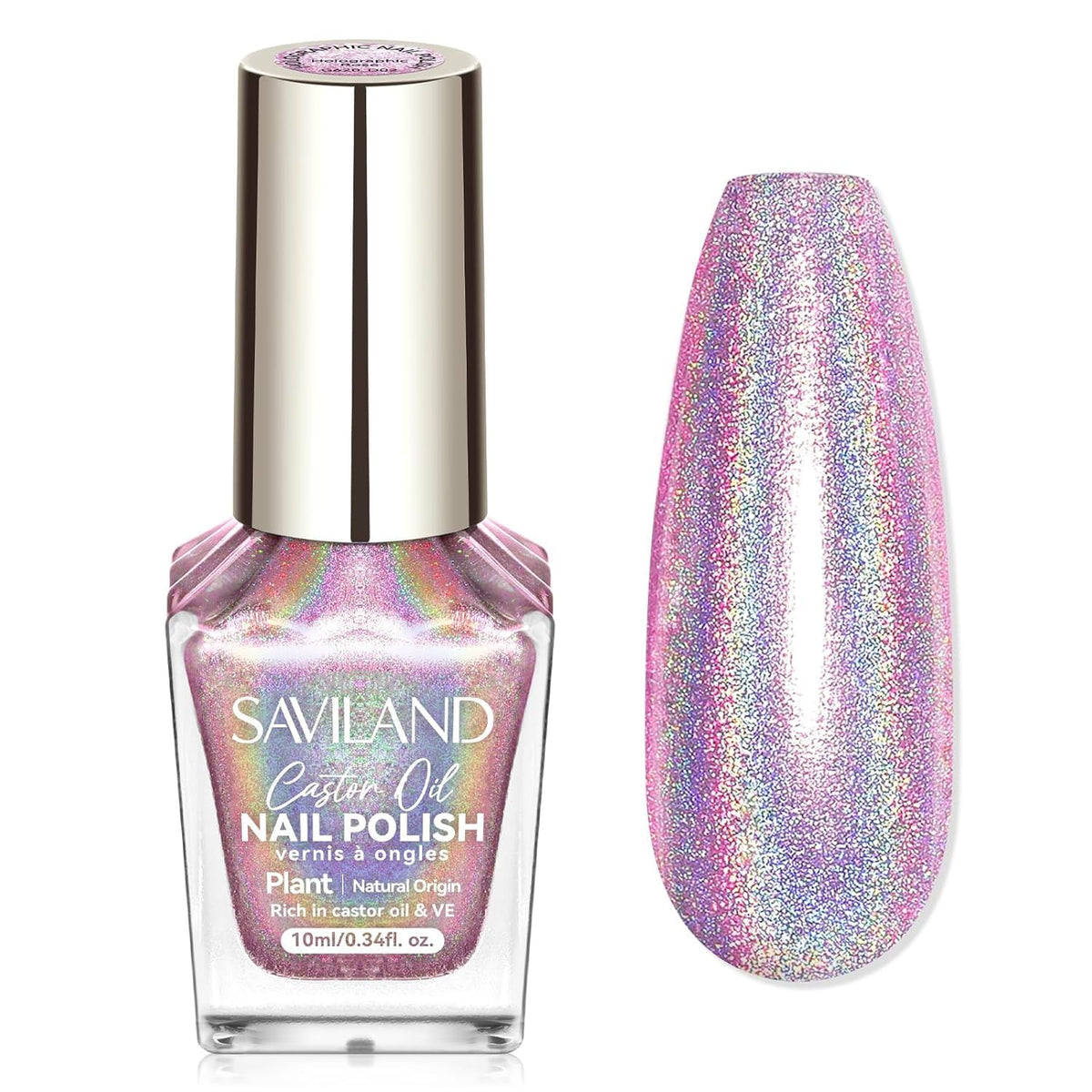 SAVILAND front bottle showing holographic pink and compact 10ml size benefits