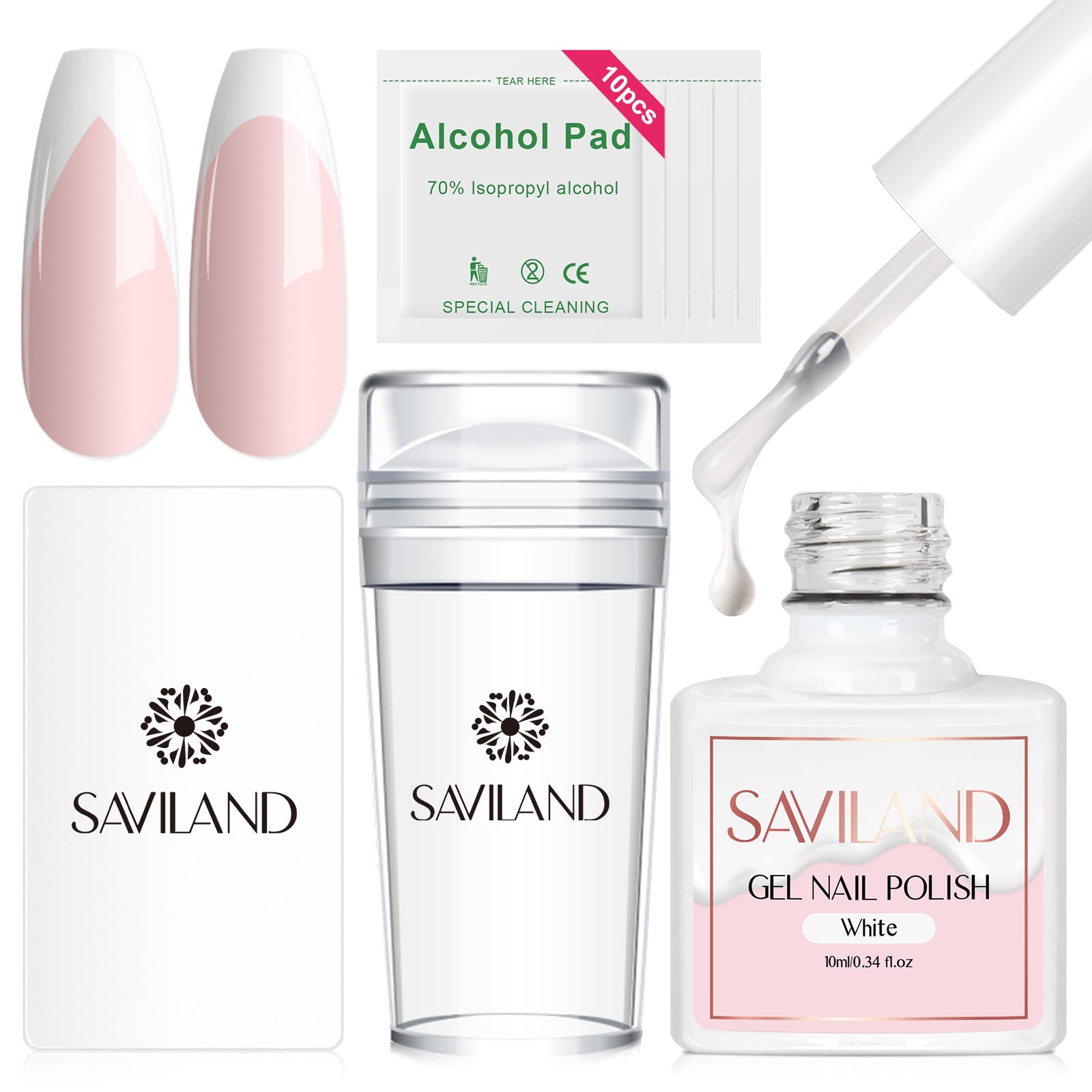 Saviland kit flat lay showing stamper white gel polish and accessories for quick French tips