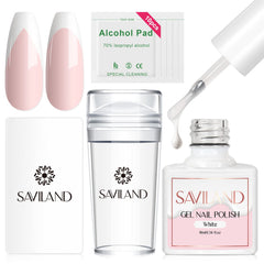 Saviland kit flat lay showing stamper white gel polish and accessories for quick French tips