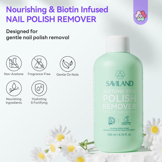 SAVILAND label close-up highlighting non-acetone and nourishing ingredients