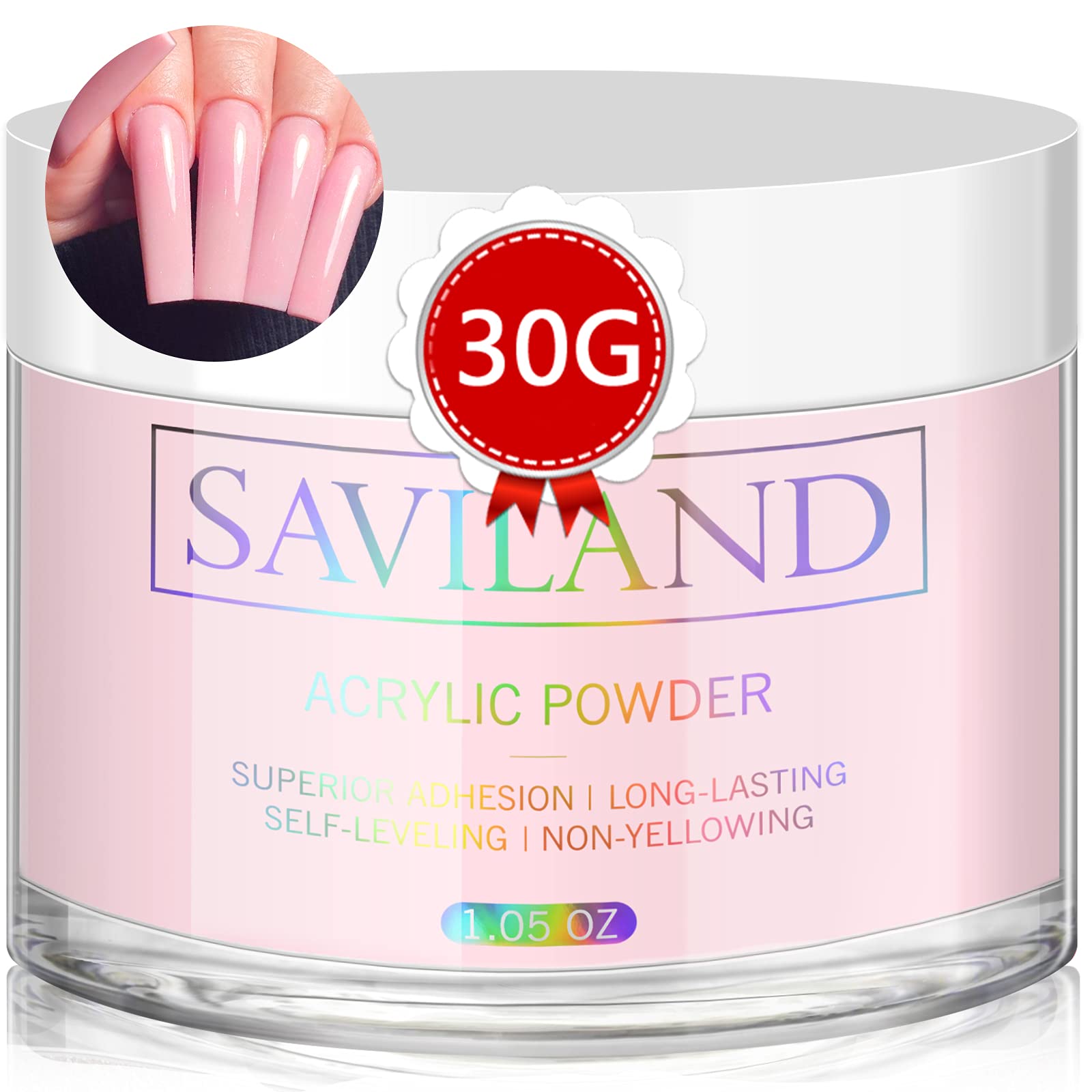 SAVILAND pink acrylic powder jar front showing product label and volume benefit