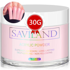 SAVILAND pink acrylic powder jar front showing product label and volume benefit
