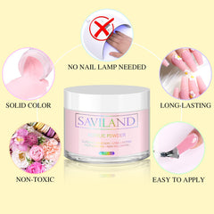SAVILAND pink acrylic powder jar in hand showing 30g size and extended supply benefit