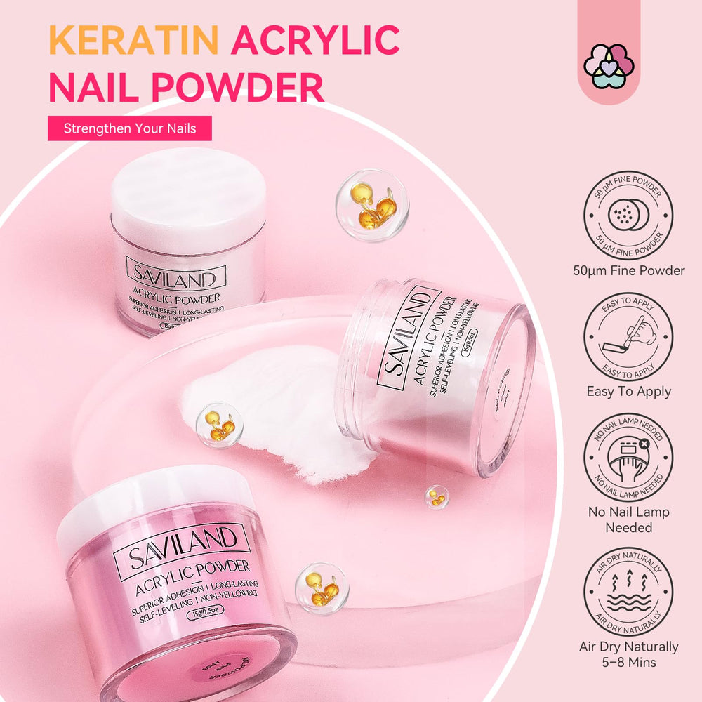 SAVILAND acrylic powders and monomer displayed to show contents and compatibility