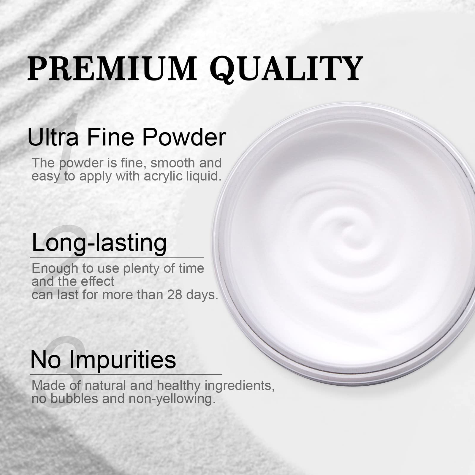 SAVILAND jar of clear acrylic powder next to a hand for scale highlighting the 5.29 oz capacity