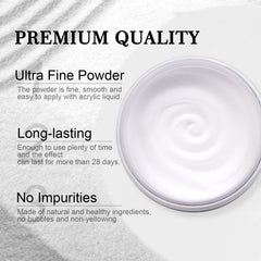 SAVILAND jar of clear acrylic powder next to a hand for scale highlighting the 5.29 oz capacity