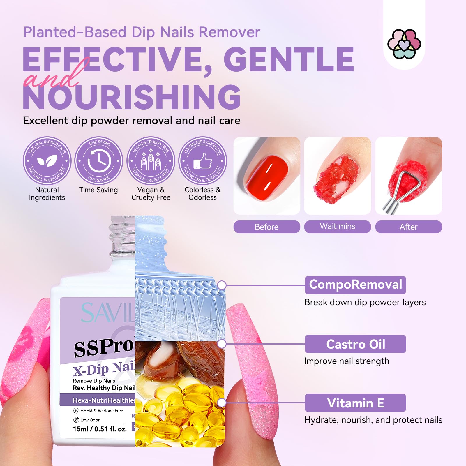 SAVILAND remover bottle with applicator brush illustrating precise application