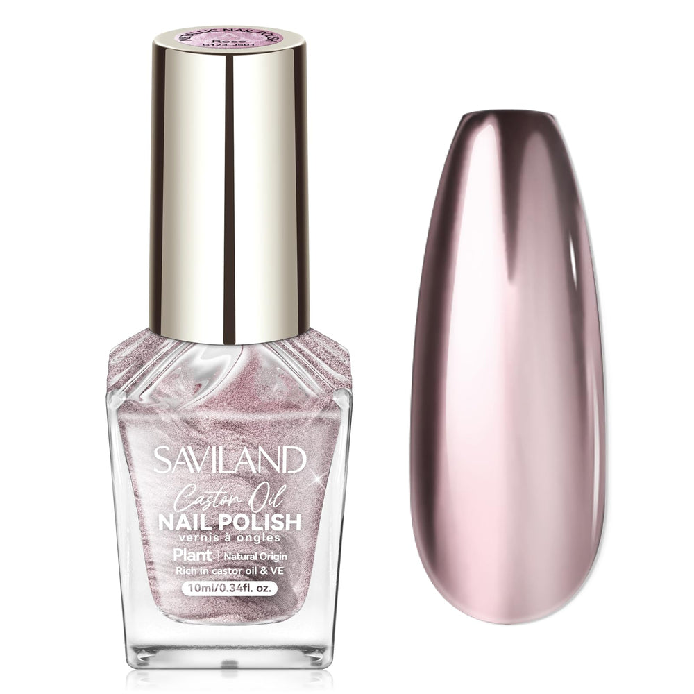 SAVILAND bottle front view showing rose gold metallic polish and label, glossy benefit