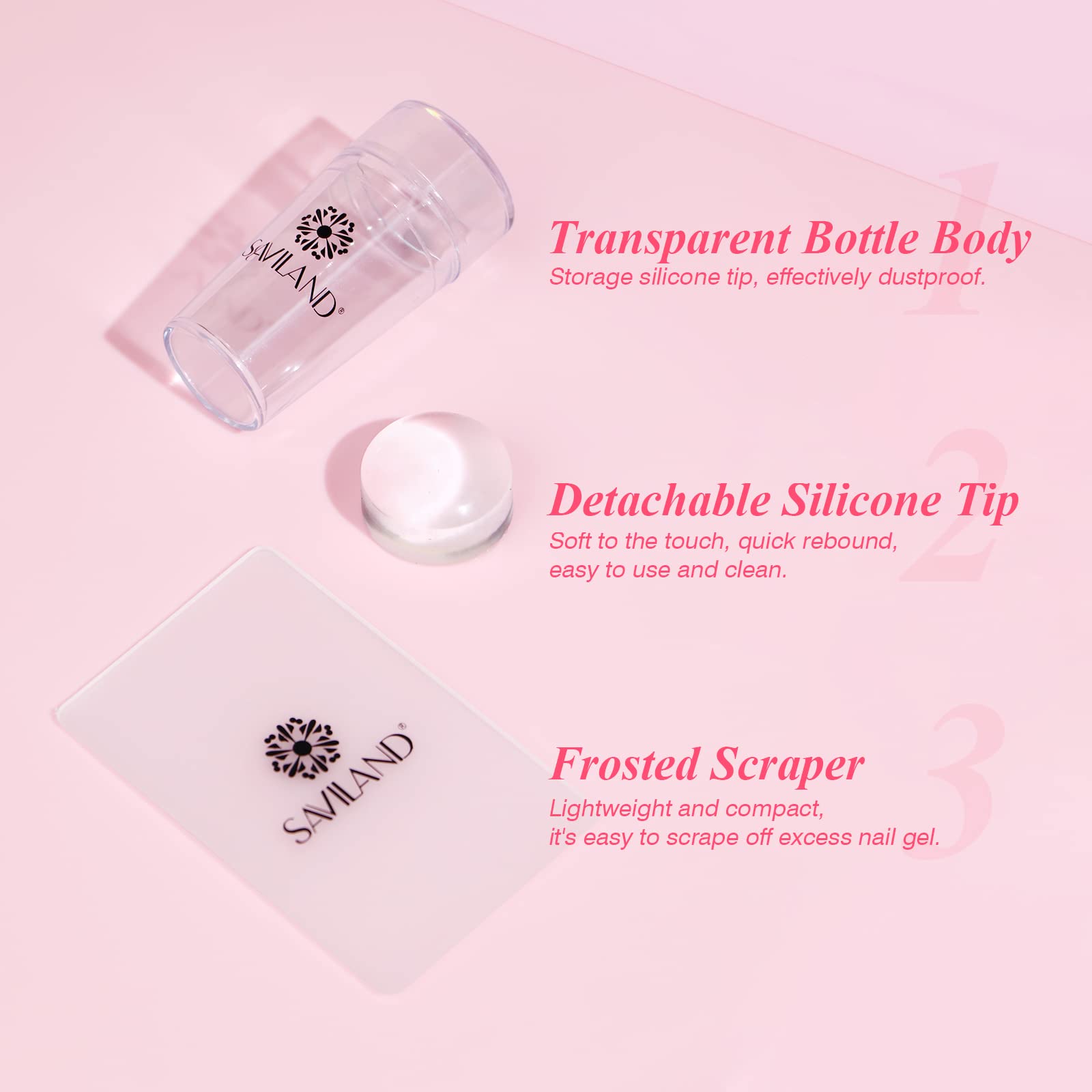 Saviland plastic scraper and ten cleaning pads arranged for convenient prep and cleanup