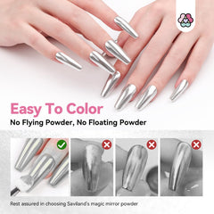 SAVILAND salon technician applying chrome powder on client nails, professional finish benefit