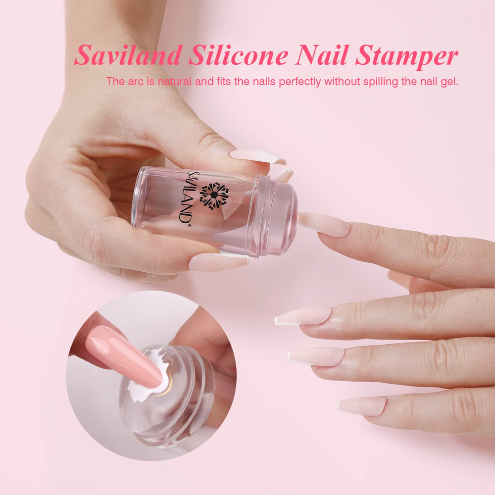 Saviland stamper in use transferring a white crescent for repeatable salon-style tips