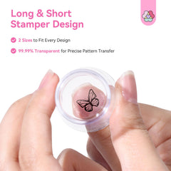 Saviland stamper in use transferring French tip for quicker manicures