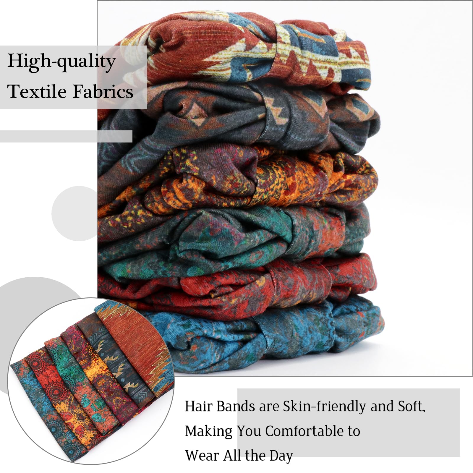 SAWINDA flat lay of six colorful headbands showing pattern variety and styling options