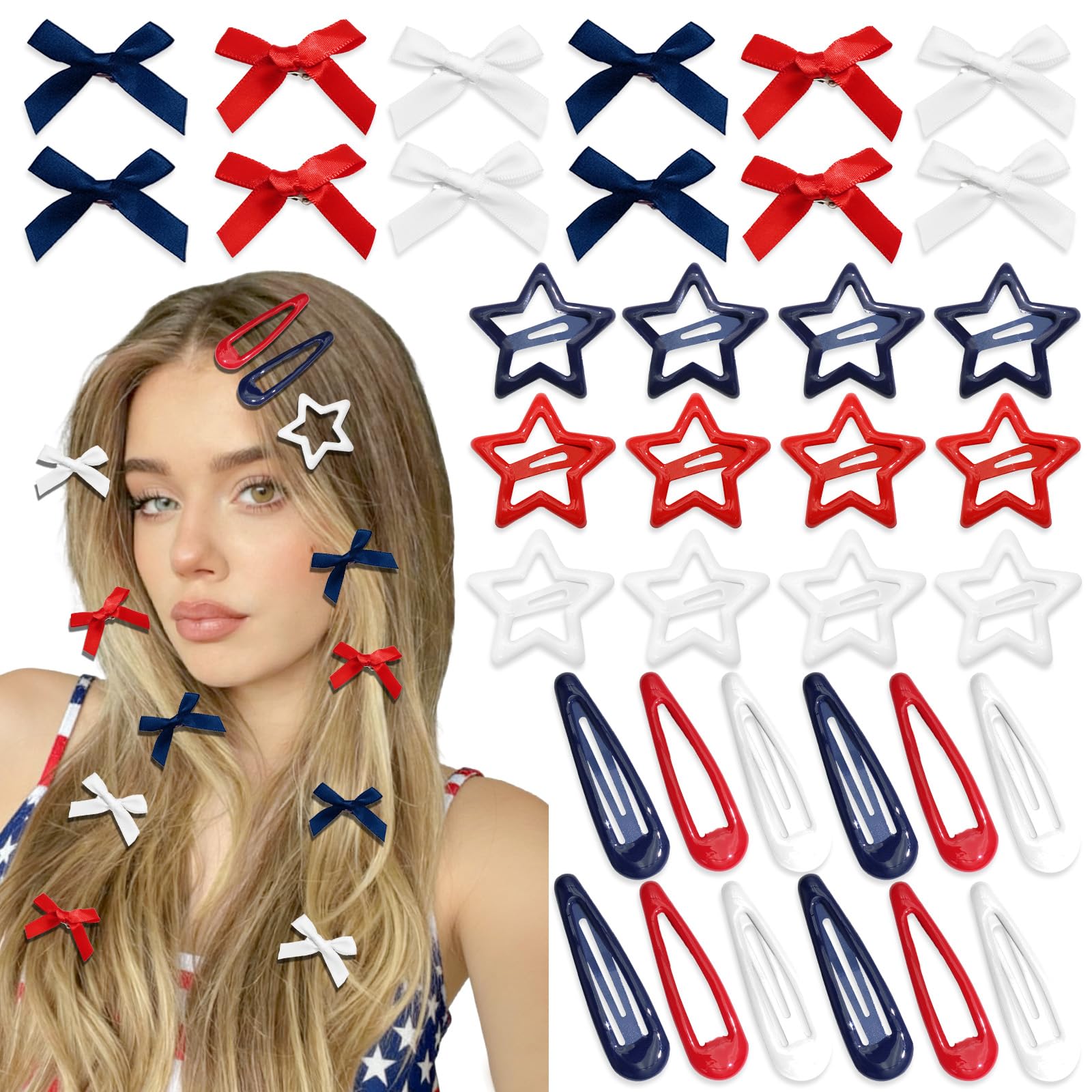 SAWINDA front packaging of 36-piece mini bow and star clip set, perfect for styling