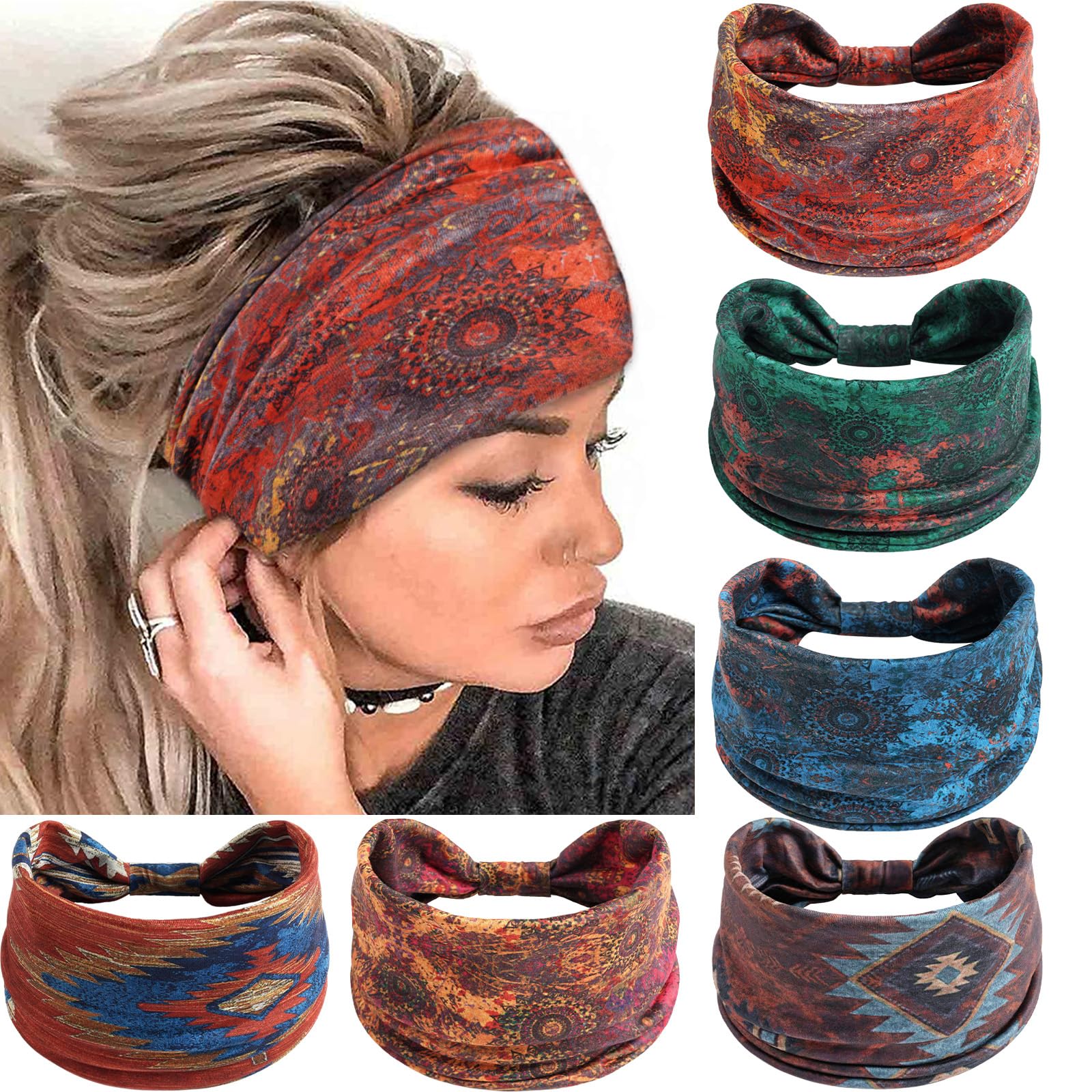 SAWINDA front view of six boho headbands showing colors and packaging, stylish set benefit