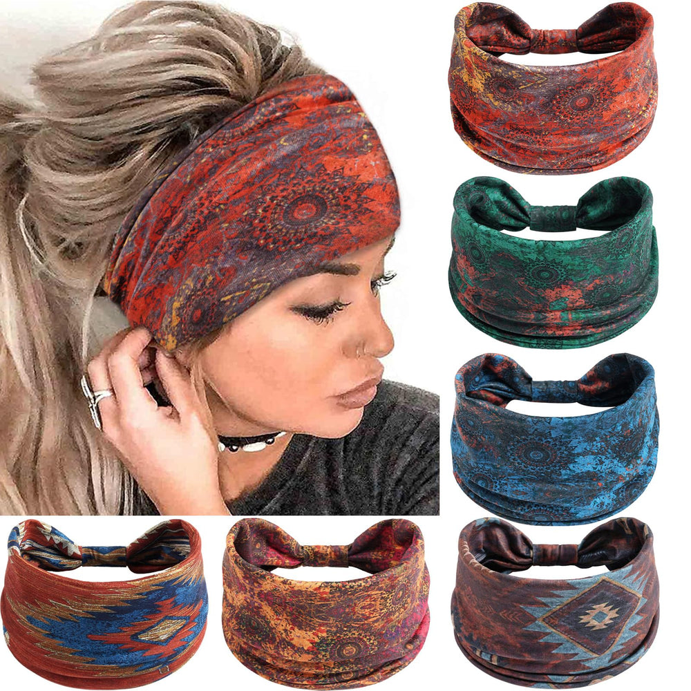 SAWINDA front view of six boho headbands showing colors and packaging, stylish set benefit