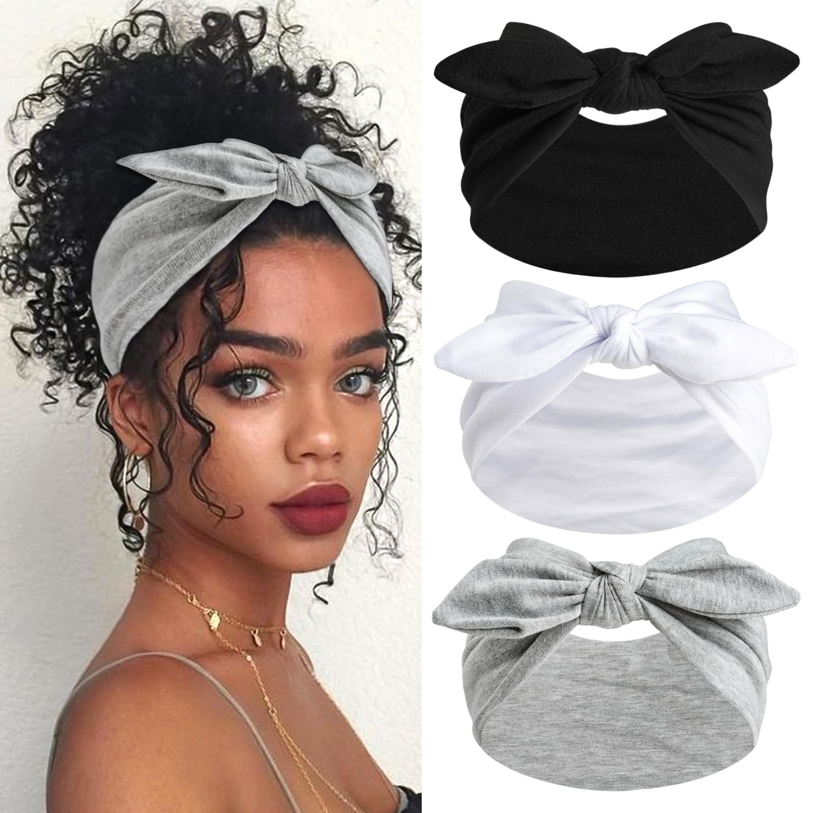 SAWINDA front view of three black headbands showing neat packaging and style