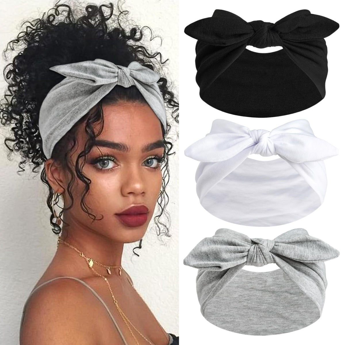 SAWINDA front view of three black headbands showing neat packaging and style