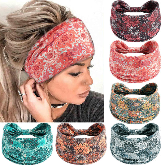 SAWINDA front view of six-pack headbands showing colorful boho prints and packaging benefit