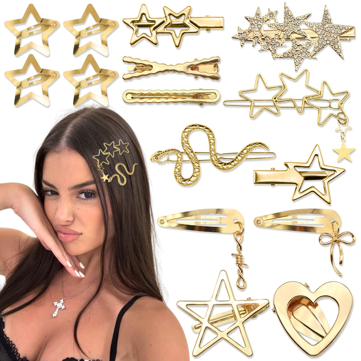 SAWINDA front packaging showing 15 gold Y2K clips, clear organisation and variety