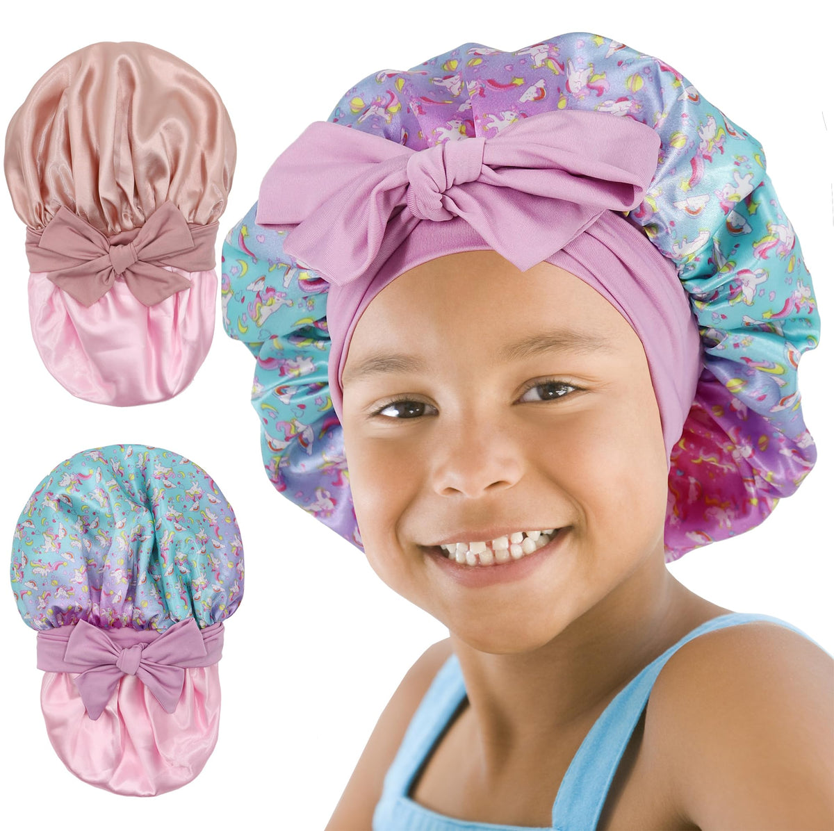 SAYMRE bonnet front print view shows reversible pink rainbow cyan, protecting hair