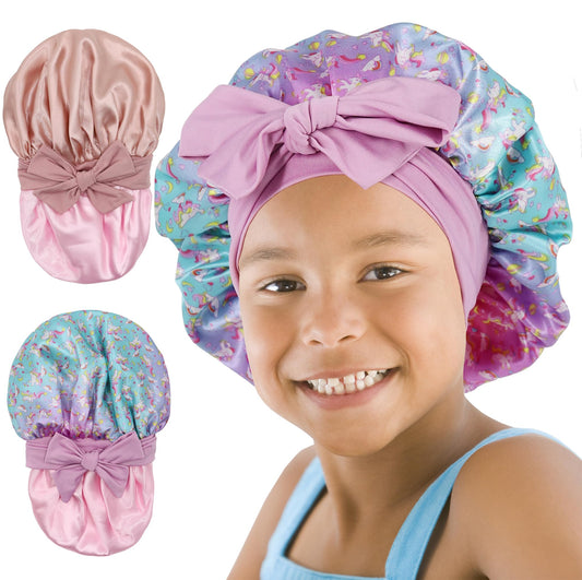 SAYMRE bonnet front print view shows reversible pink rainbow cyan, protecting hair