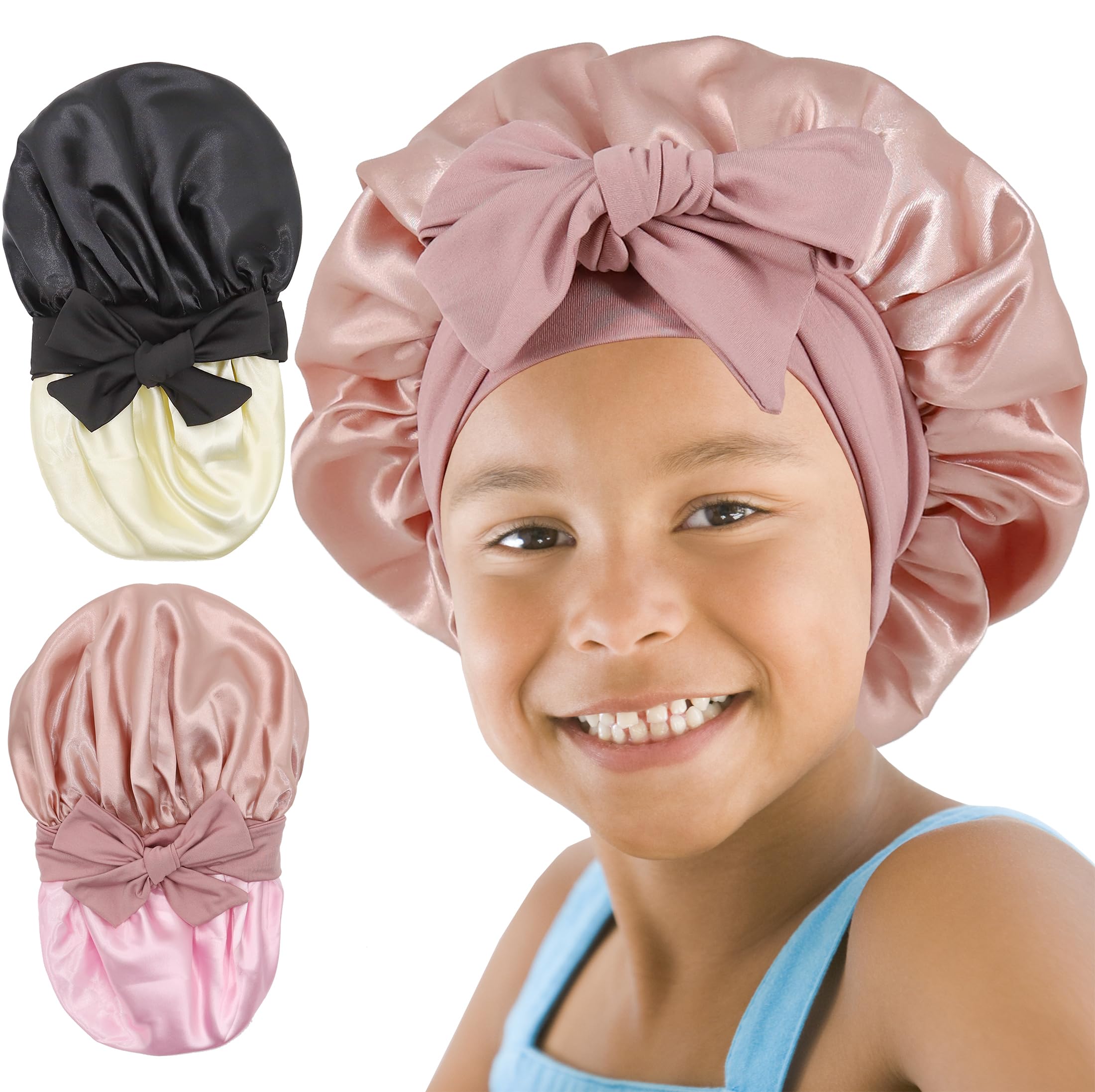 SAYMRE front view of pink and black bonnet set showing cute reversible design and convenience