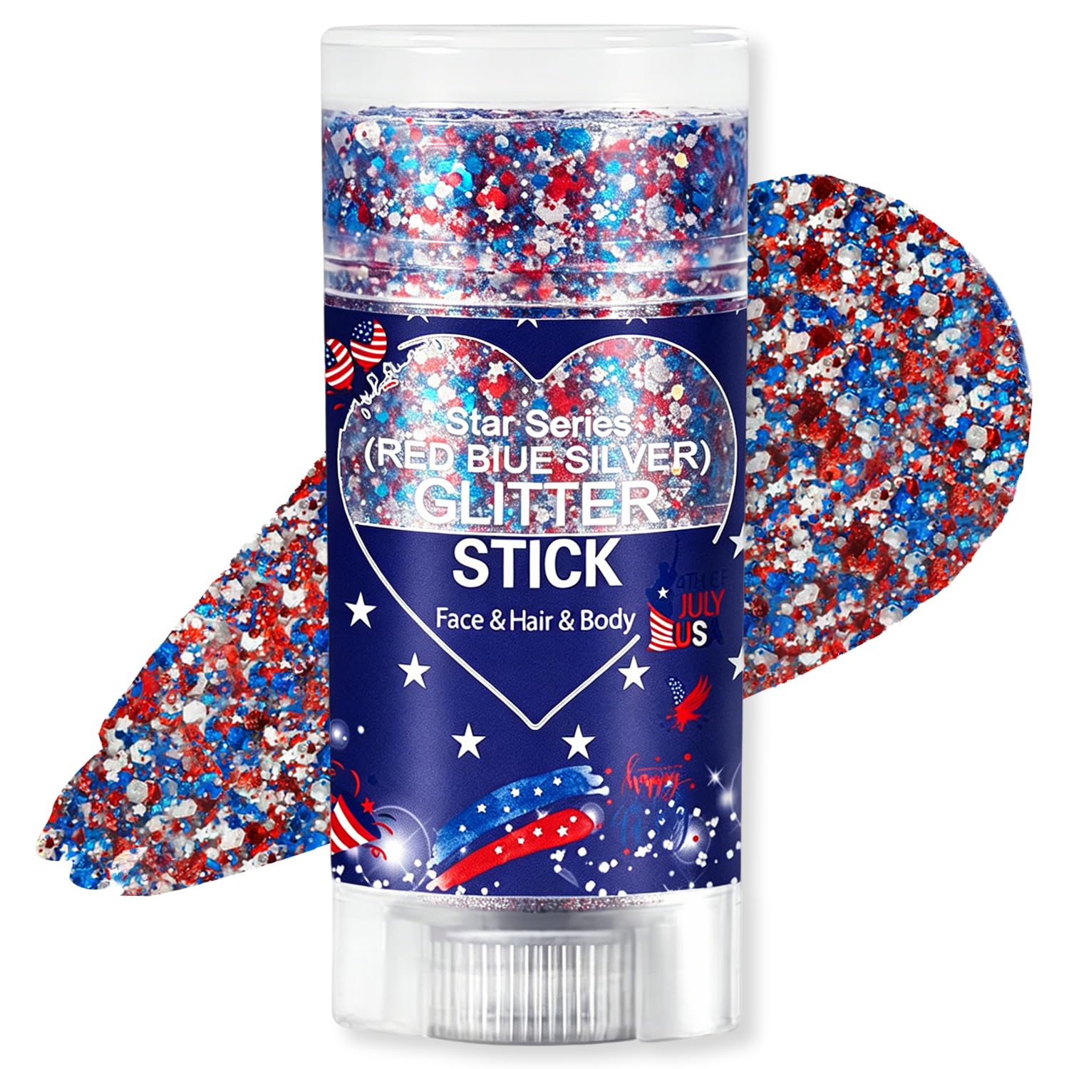 Scarman front packaging showing patriotic red white blue glitter stick and portability benefit