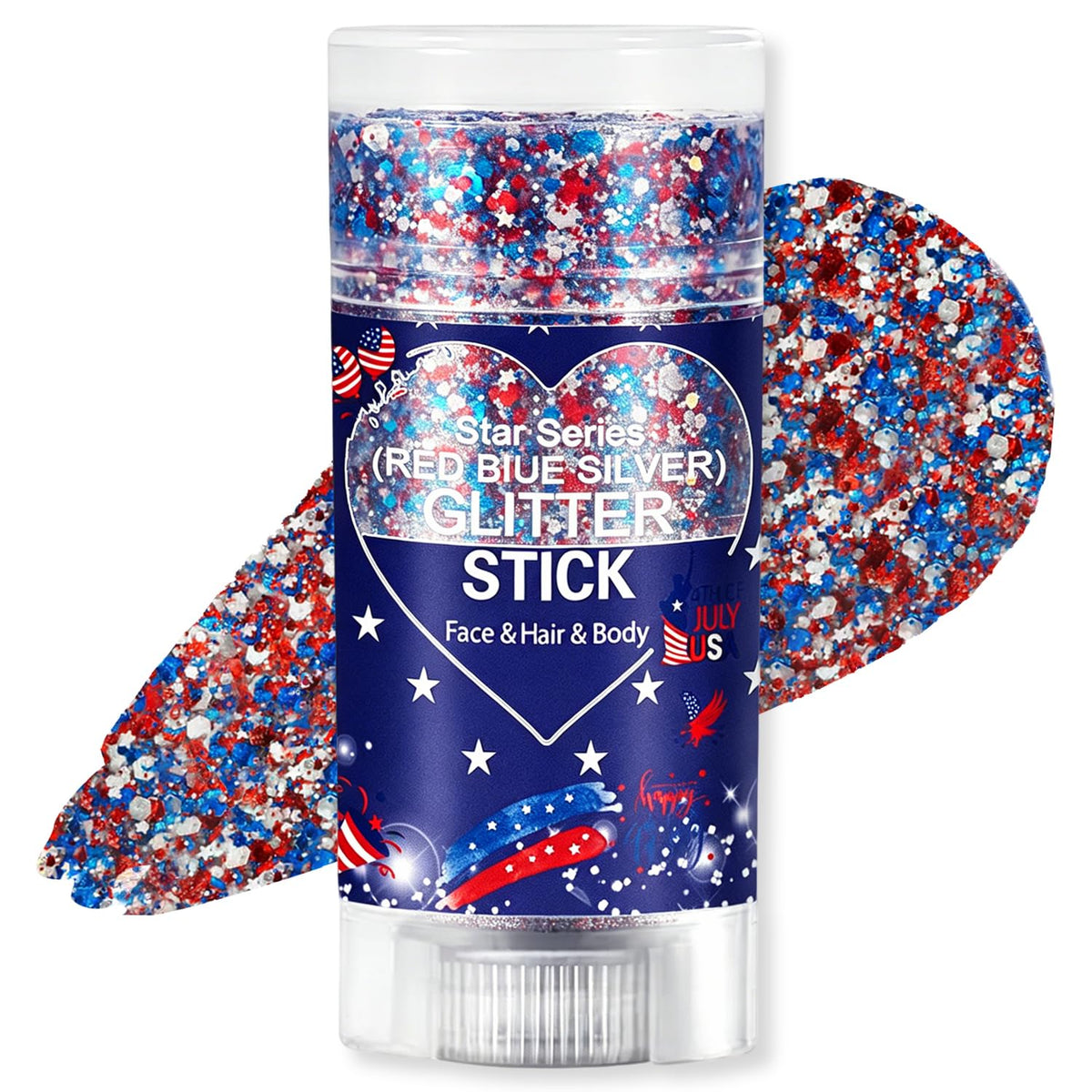 Scarman front packaging showing patriotic red white blue glitter stick and portability benefit