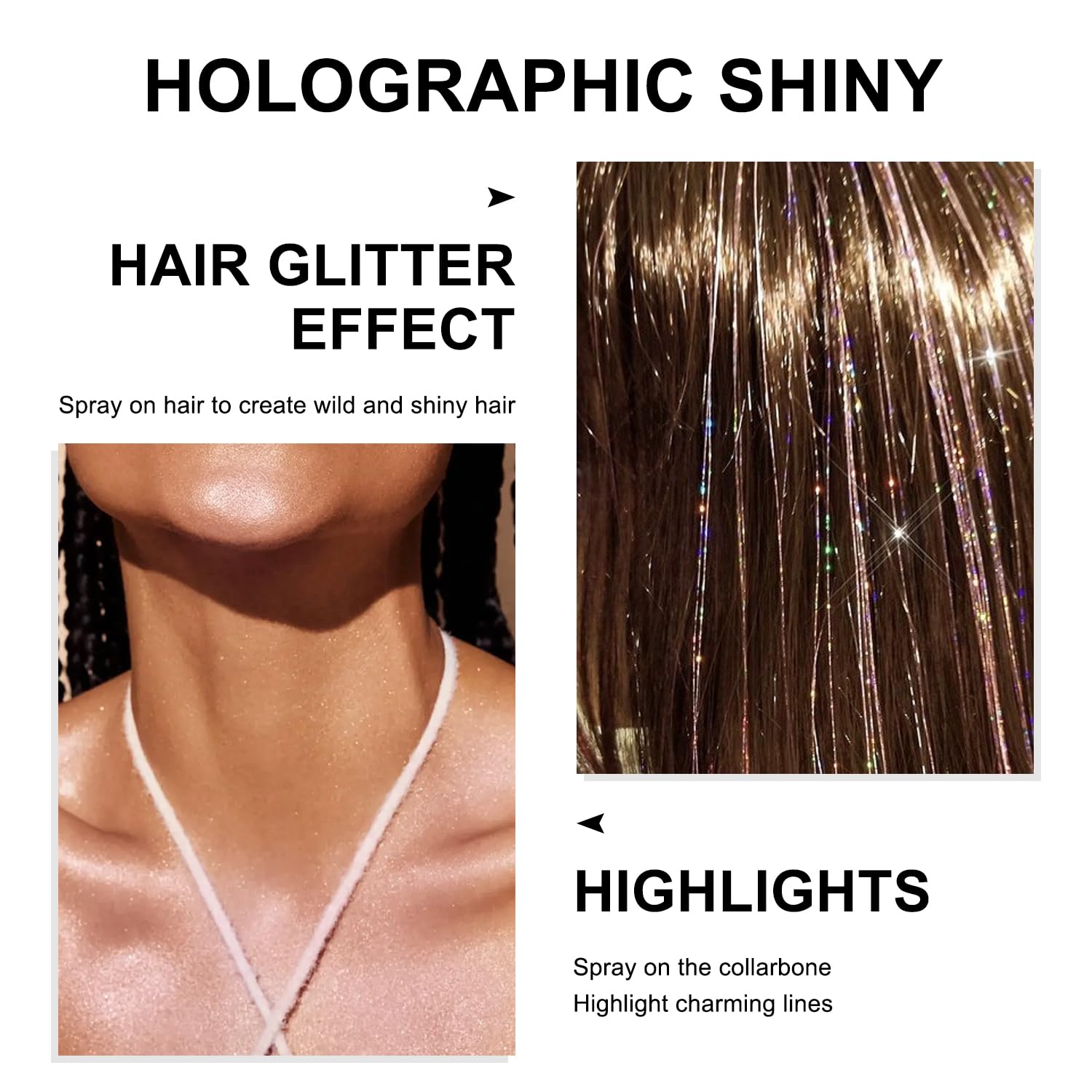 Scarman glitter on hair strands, enhances styled hair with shine