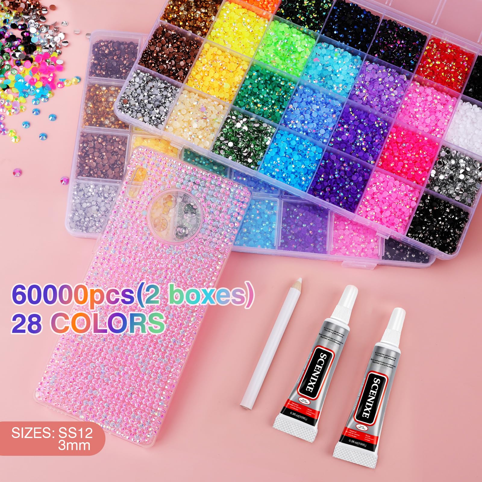 SCENIXE color grid close-up displaying 28 sorted hues for accurate selection