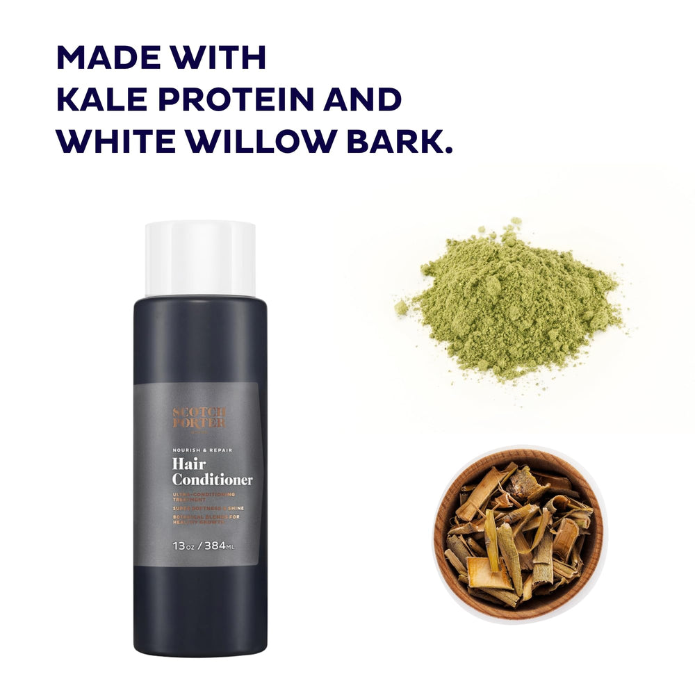 Pouring conditioner from Scotch Porter bottle to show easy application benefit