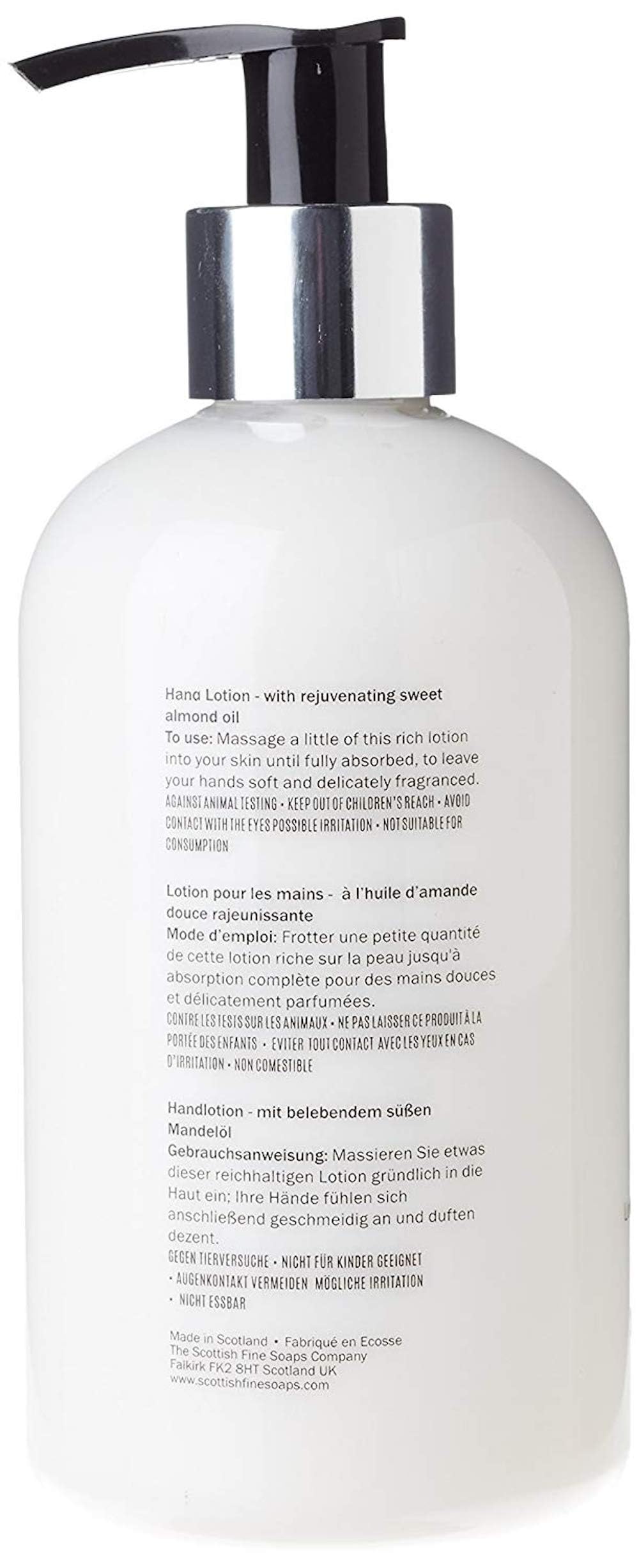 Scottish Fine Soaps Au Lait pump detail demonstrating dispenser action for controlled, mess-free use