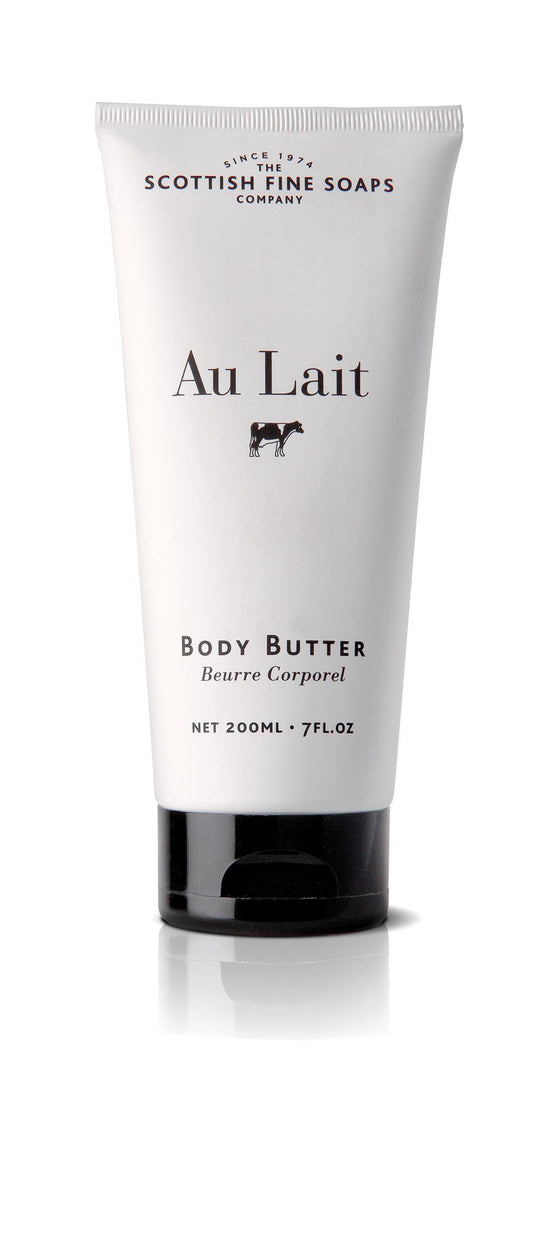 Scottish Fine Soaps Au Lait tube front view showing pack and creamy hydration benefits
