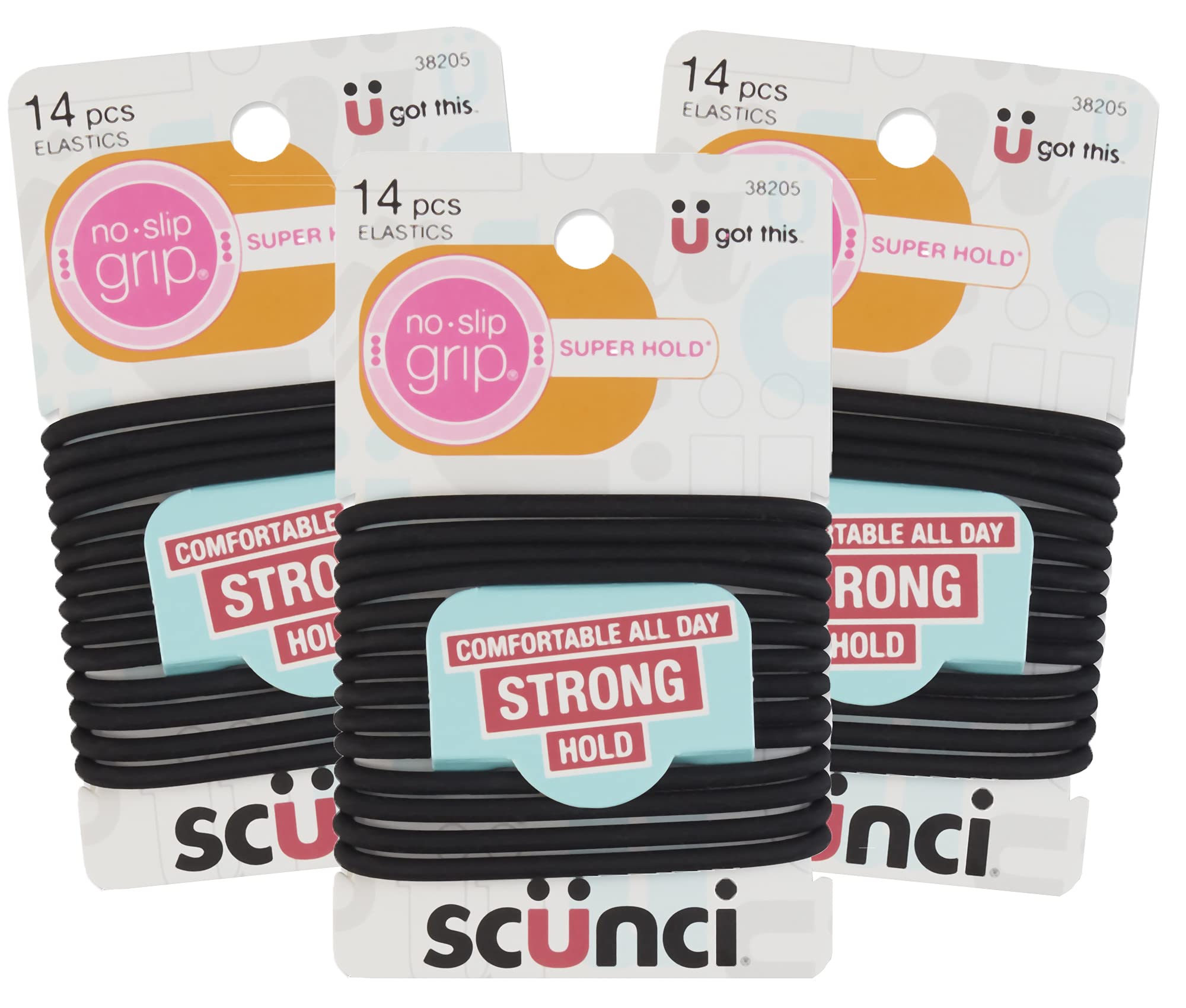 Scunci front packaging showing three 14-piece packs for convenience