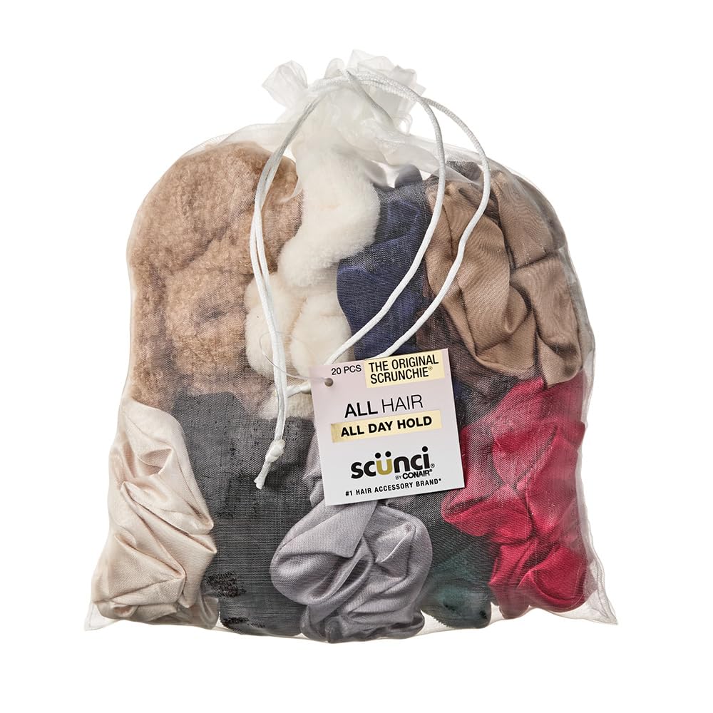 Scunci by Conair front set showing assorted 20-piece scrunchies and mesh bag for organized storage