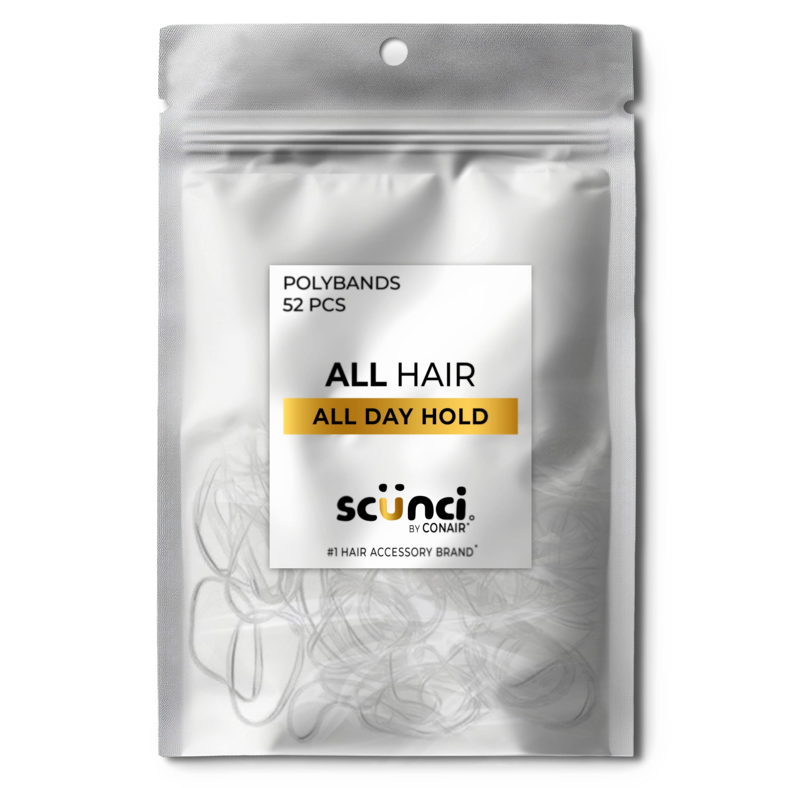Scunci clear poly band front packaging showing 52-count, gentle hold benefit