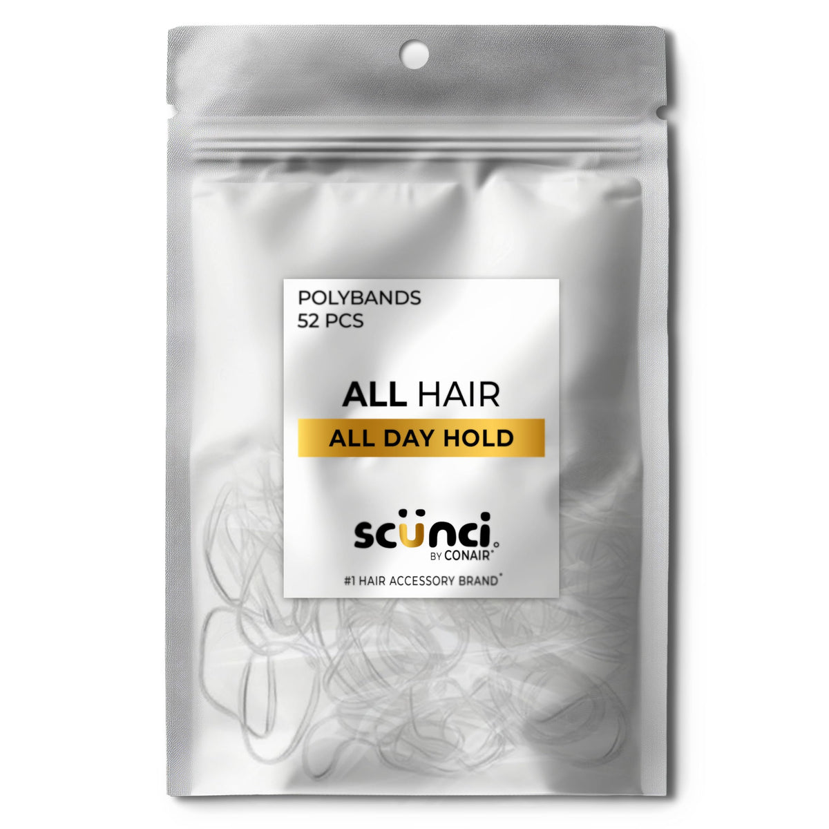 Scunci clear poly band front packaging showing 52-count, gentle hold benefit