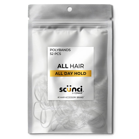 Scunci clear poly band front packaging showing 52-count, gentle hold benefit