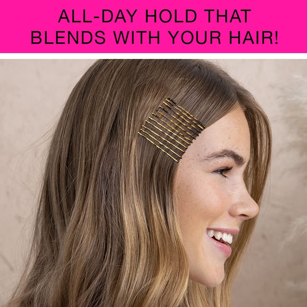 Scunci by Conair pins securing a blonde updo, invisible blend and firm grip