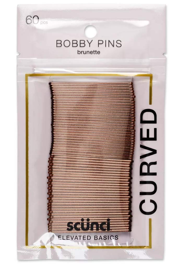 Scunci curved bobby pins pack front showing 60 metallic brunette pins for neat styles