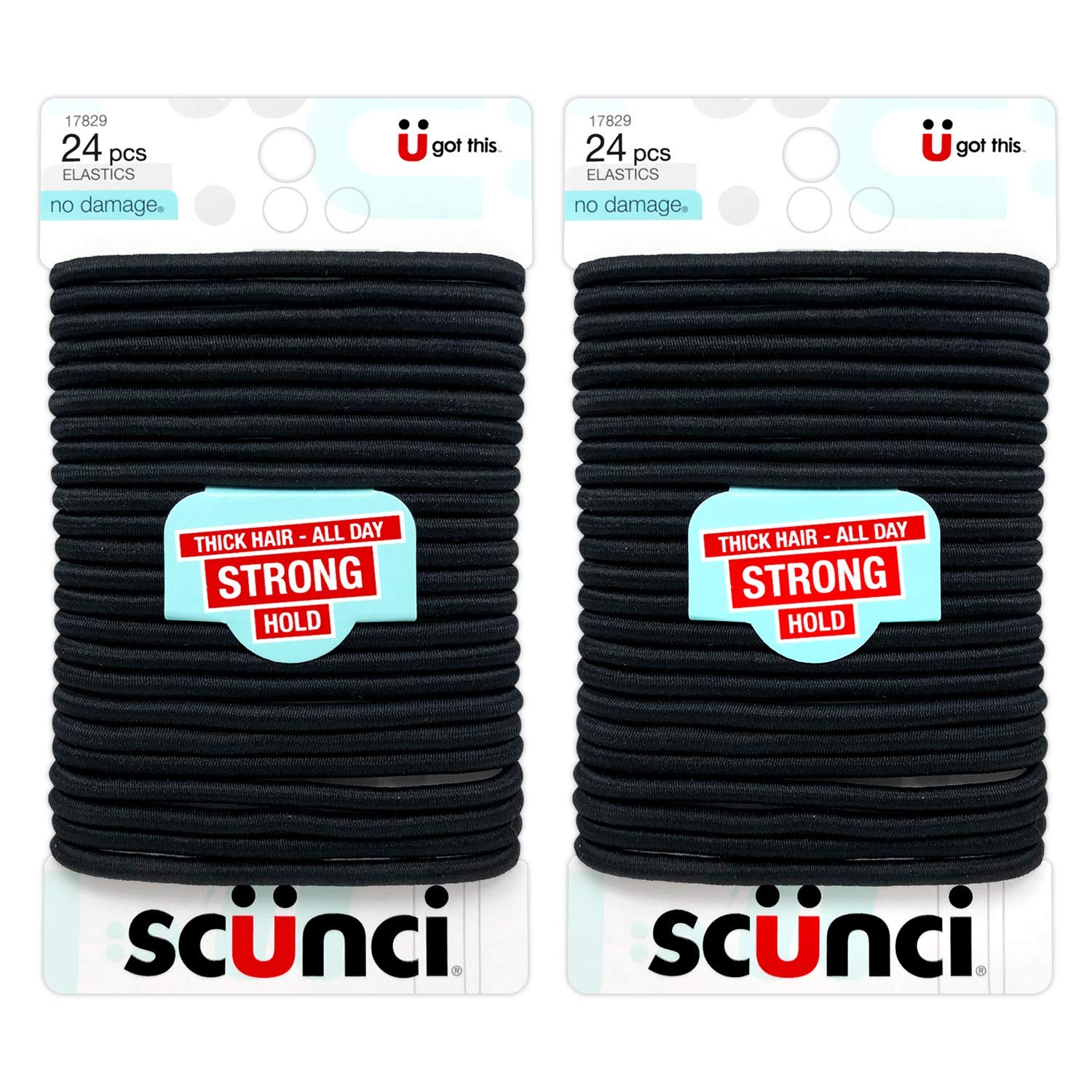 Scunci front packaging showing 24-piece black elastics for everyday convenience