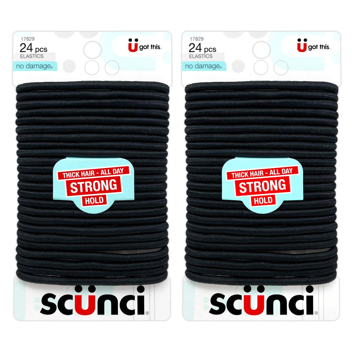Scunci front packaging showing 24-piece black elastics for everyday convenience