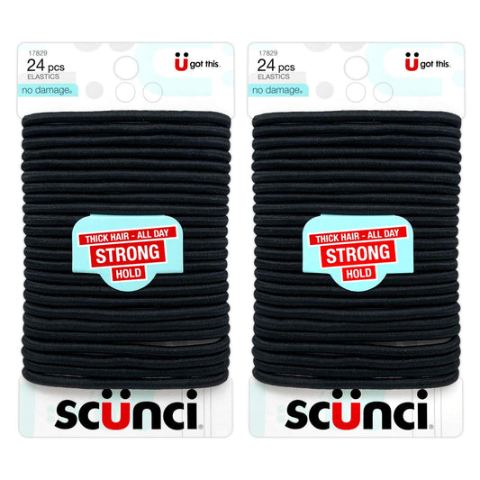 Scunci front packaging showing 24-piece black elastics for everyday convenience