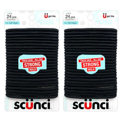Scunci front packaging showing 24-piece black elastics for everyday convenience